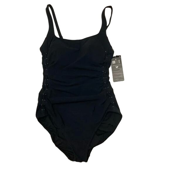 Profile by Gottex Slimming Side Lace Solid Black One-Piece Swimsuit NWOT 8 - Picture 2 of 7
